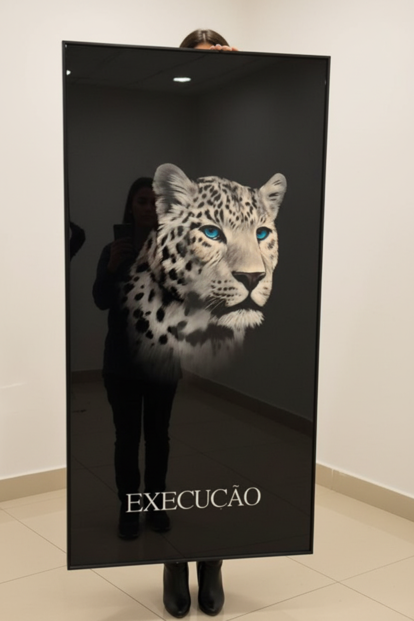 Femme tenant le tableau léopard - fond neutre