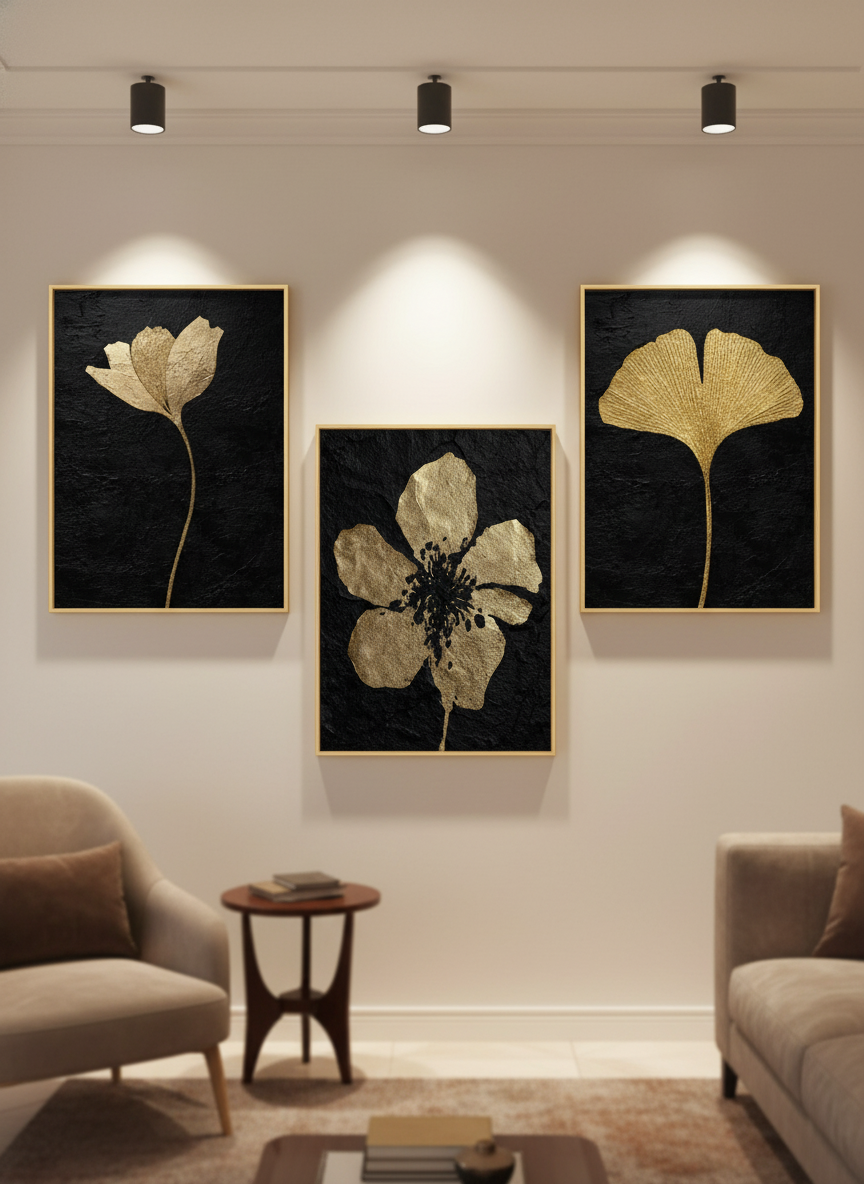 Three golden florals warm staggered